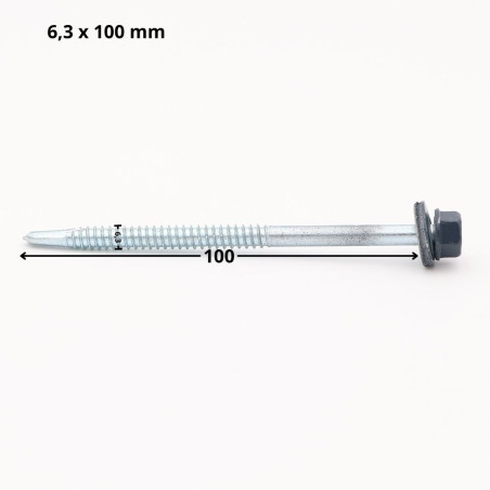 1 x Vis autoperceuse Tête hexagonale TH 6.3X100 Rondelle d'étanchéite EPDM Acier zingué RAL5008 gris bleu