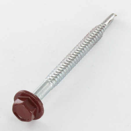 1 x Vis autoperceuse Tête hexagonale TH Embase collerette Lisse 6.3X75 Acier zingué RAL8012 brun rouge