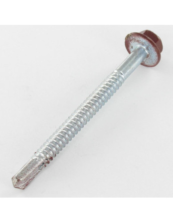 Vis autoperceuse Tête hexagonale TH Embase collerette Lisse 6.3X75 Acier zingué RAL8012 brun rouge