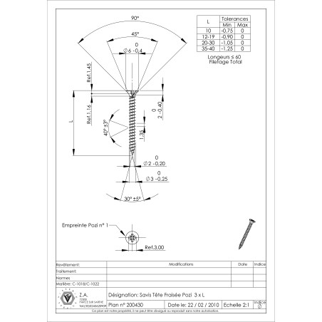 1 x VBA Vis bois agglo Tête fraisée Pozi N°1 3X10 Filetage total Acier zingué noir microvis