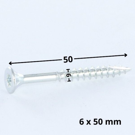 1 x Vis bois TEKOR Tête fraisée Cranté 6X50 TORX T30 Acier zingué Filetage total Pointe antifendage type 17
