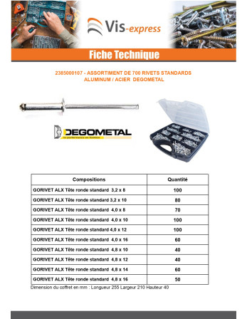 Assortiment de 700 Rivet GORIVET ALX Aluminium Tige acier DEGOMETAL