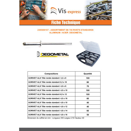 1 x Assortiment de 700 Rivet GORIVET ALX Aluminium Tige acier DEGOMETAL
