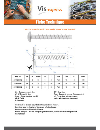 Vis béton Tête Bombée TORX TORX T30 6X60 Acier zingué