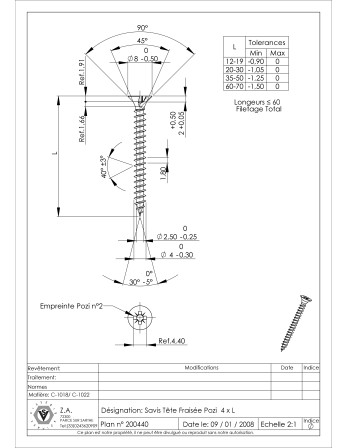 VBA Vis bois agglo Tête fraisée Pozi N°2 4X20 Filetage total Acier zingué Laqué blanc RAL9010 blanc pur