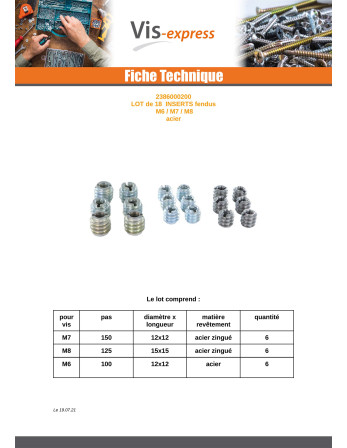Lot de 18 Insert Fendue Acier brut M6 M7 M8