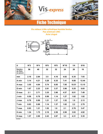 Vis métaux Tête cylindrique bombée TCB Fendue UNC N°8X 1/4 Acier zingué
