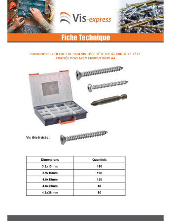 Assortiment de 1684 Vis tôle Tête cylindrique TC / Tête fraisée Pozi + Embout Inox A4