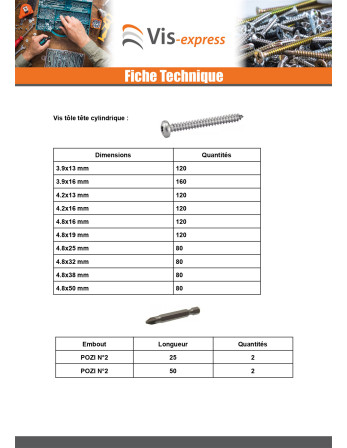 Assortiment de 1684 Vis tôle Tête cylindrique TC / Tête fraisée Pozi + Embout Inox A4