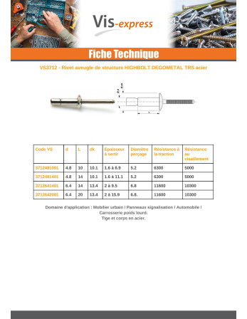 Rivet aveugle tout acier HIGHTBOLT Tête Ronde Standard 6.4X14