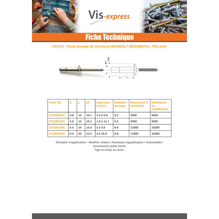 1 x Rivet aveugle tout acier HIGHTBOLT Tête Ronde Standard 6.4X14