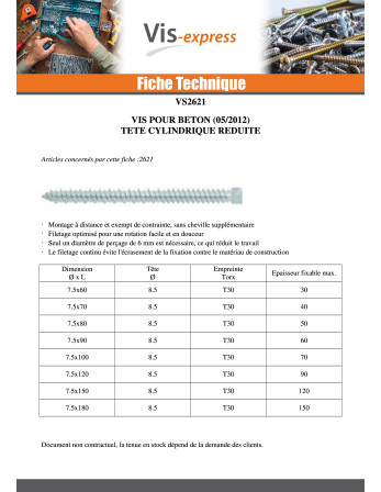 Vis Béton Tête cylindrique TC Réduite 7.5X60 Diamètre de tête: 8.5 TORX T30 Acier zingué