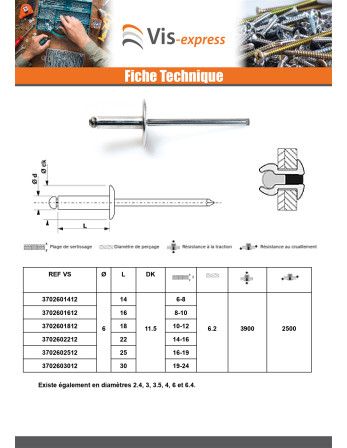 Rivet aveugle Aluminium Tige acier '4F' 6X18 Tête Ronde Standard ALX