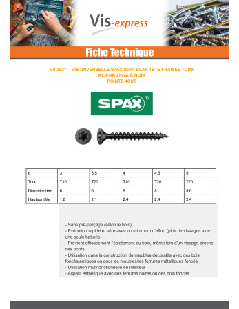 Spax Vis bois Tête fraisée TORX T20 5X20 Filetée sur 15 Acier zingué noir