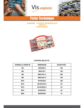 Assortiment de 850 Rondelle Acier zingué Série M (Moyenne)
