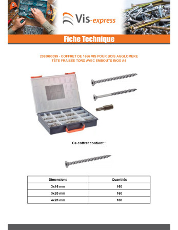 Assortiment de 1666 VBA Vis bois agglo Tête fraisée TX + Embout Inox A4