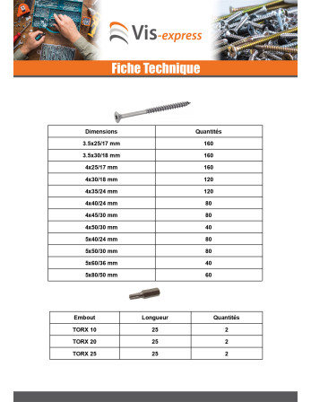 Assortiment de 1666 VBA Vis bois agglo Tête fraisée TX + Embout Inox A4