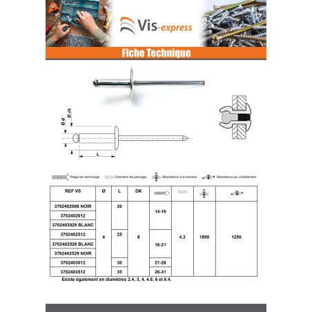 1 x Rivet aveugle Aluminium Tige acier 4X10 Epaisseur de serrage 4 à 6 Tête Ronde Standard ALX