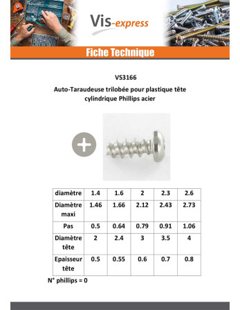 Vis autotaraudeuse Pour Plastique Tête cylindrique TC Phillips n° 0 1.4X3 Acier zingué noir microvis