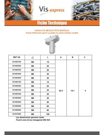 Vis métaux Tête marteau M8X80 pour profilés 28/15 Classe 8.8 avec écrou Acier brut