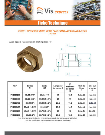 Raccord union plat Femelle/Femelle 50x60 (2") X 66x76 (2"1/2) Laiton
