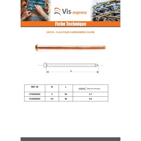 1 x Clou pour carrosserie Cuivre 2X50