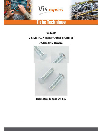 Vis métaux Tête fraisée Cranté M6X25 Diamètre de tête: 8.5 Acier zingué