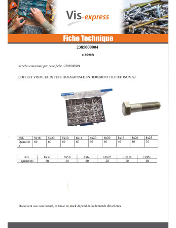 Assortiment de 570 Vis métaux Tête hexagonale TH Filetage total Inox A2