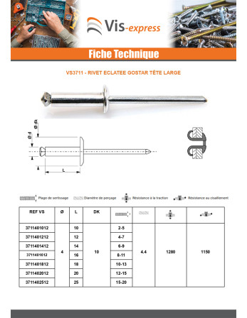 Rivet aveugle éclate GOSTAR Aluminium Tige acier 4X12