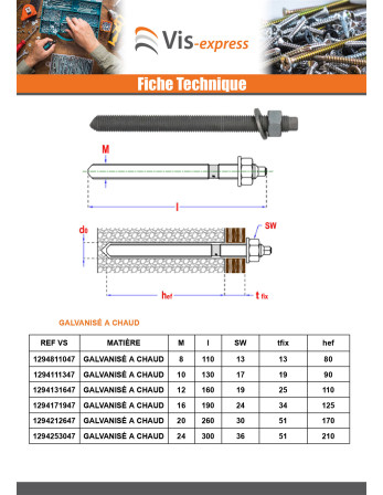 Tige filetée Ancrage CHIMIQUE M12X160 Acier zingué