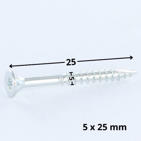 1 x Vis bois TEKOR Tête fraisée Cranté 5X25 TORX T25 Acier zingué Filetage total Pointe antifendage type 17