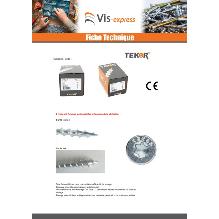 1 x Vis bois TEKOR Tête fraisée Cranté 5X25 TORX T25 Acier zingué Filetage total Pointe antifendage type 17