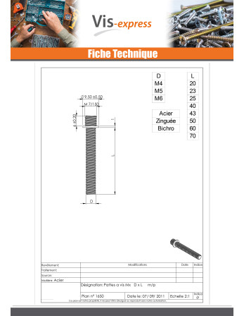 PATTES à Vis métaux Acier zingué M5X50 M7/150