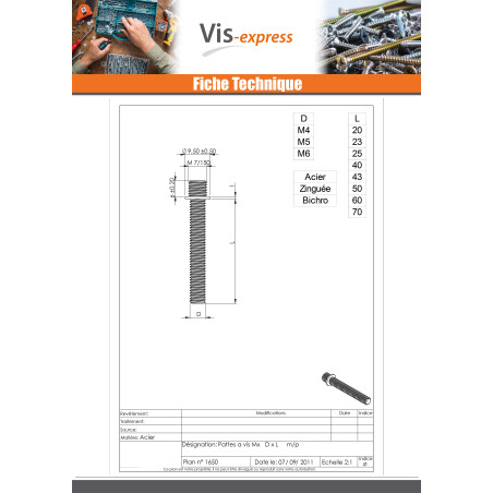 1 x PATTES à Vis métaux Acier zingué M5X50 M7/150