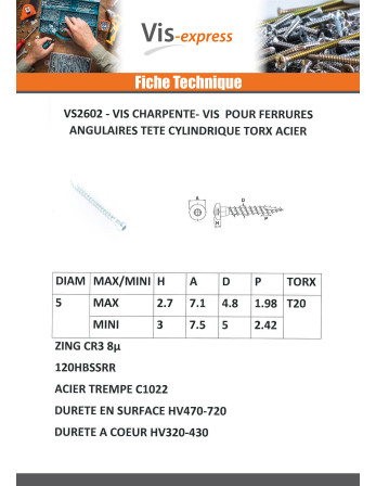 Vis FERRURE ANGULAIRE Tête cylindrique TC TORX T20 Pointe antifendage type 17 Acier zingué 5X45