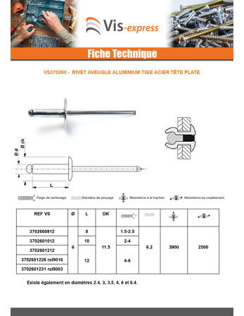 Rivet aveugle Aluminium Tige acier 6X12 Epaisseur de serrage 4 à 6 Tête Ronde Standard ALX