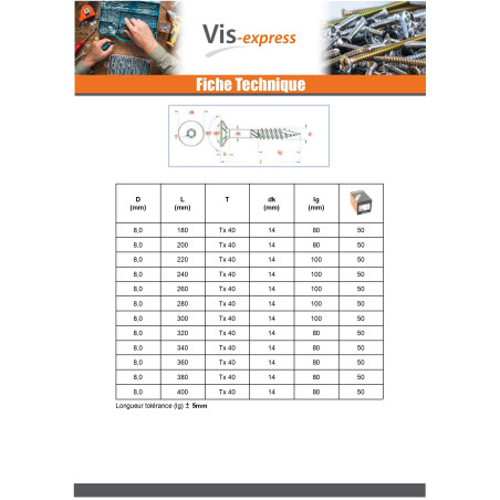 1 x Vis charpente TEKOR Tête fraisée Cranté TORX T40 10X280 Filetée sur 80 Pointe antifendage type 17 Acier zingué