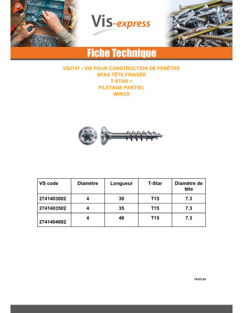 Spax V.CONSTFENET Tête fraisée T-STAR TORX T15 4X30 WIROX