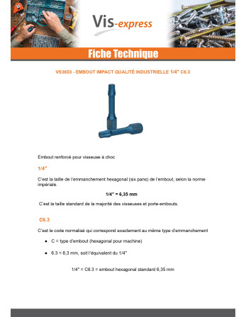 Embout IMPACT Qualité industrielle 1/4" C6.3 TORX T20 Longueur 30