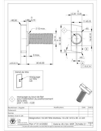 Vis métaux Tête marteau M12/30 12X32 Classe 6.8 Acier zingué