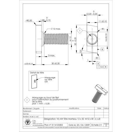 1 x Vis métaux Tête marteau M12/30 12X32 Classe 6.8 Acier zingué