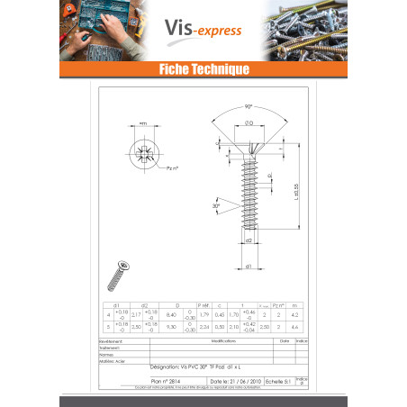 1 x Vis pvc Tête fraisée Pozi 5X30 Filet 30 Degrès Acier zingué