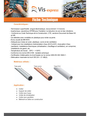 Collier isophonique renforcé M8-M10 Diamètre 38 à 43 Acier zingué