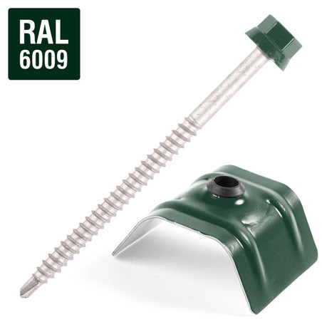 1 x Vis autoperceuse avec cavalier pour toiture 2 pièces Type C1 RAL6009 vert sapin 6.3X100