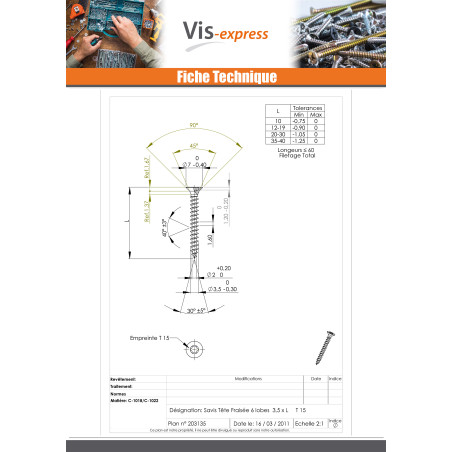 1 x VBA Vis bois agglo Tête fraisée TORX T15 3.5X20 Acier zingué noir