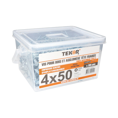1 x Seau de 385 Vis bois TEKOR 4X50 Tête fraisée TORX T20 Pointe antifendage type 17 Acier zingué