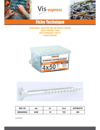 Seau de 385 Vis bois TEKOR 4X50 Tête fraisée TORX T20 Pointe antifendage type 17 Acier zingué
