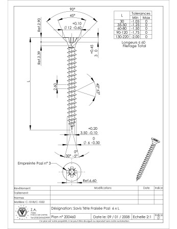 VBA Vis bois agglo Tête fraisée Pozi N°3 6X70 Acier zingué