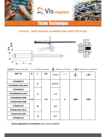 Rivet aveugle Aluminium Tige acier 4.8X35 Epaisseur de serrage 25 à 30 Tête Ronde Standard ALX