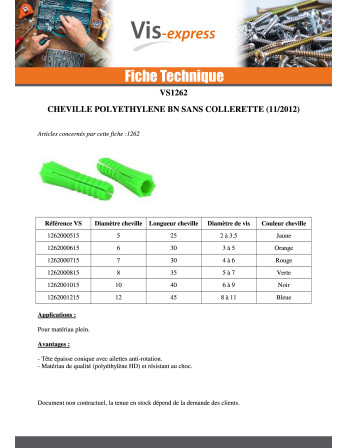 Cheville POLYETHYLENE BN6 Sans Collerette